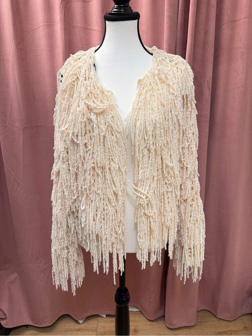 Forever 21 Cream Fringe Open-Front Cardigan